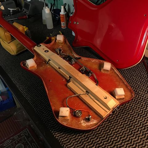 The inside of a vintage Airline guitar